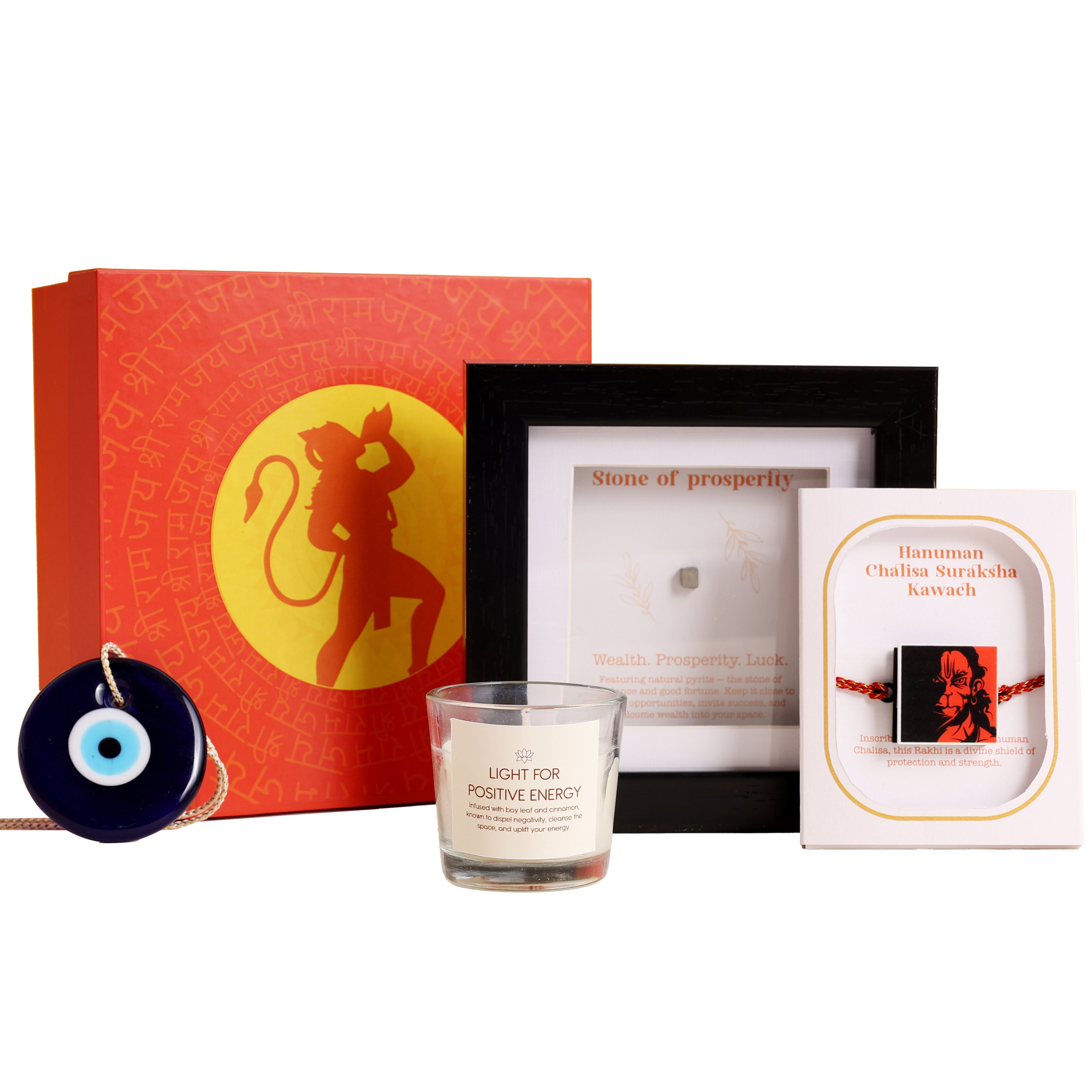 Oye Happy Hanuman Chalisa Rakhi Hamper – Rakhi, Wealth Gemstone Frame, Evil Eye Charm & Spiritual Candle | Rakhi Gift for Brother, Bhai & Bhaiya - OHHCRH