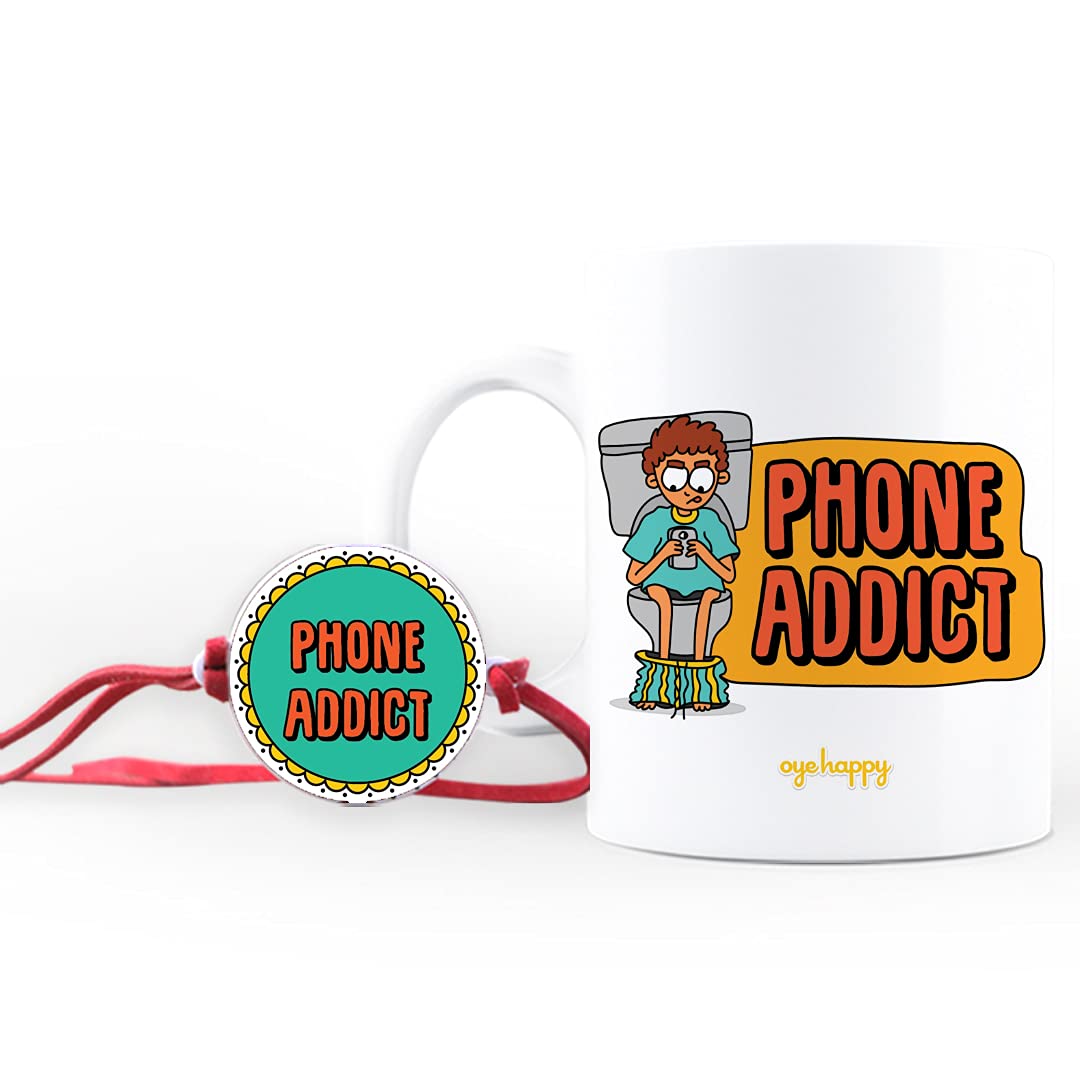 Oye Happy Phone Addict Rakhi & Mug Combo – Funny Rakhi Gift | Quirky Gift Set for Kids - OHPAC