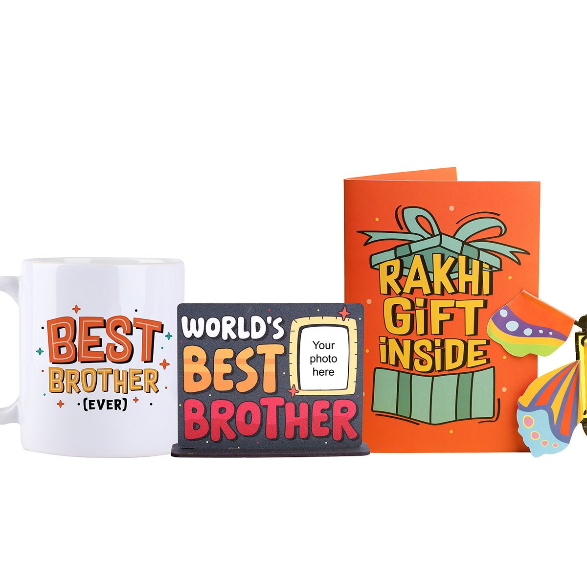 Oye Happy Rakhi Gift Combo – Rakhi Butterfly Card, World's Best Brother Table Top & Mug - OHRGC