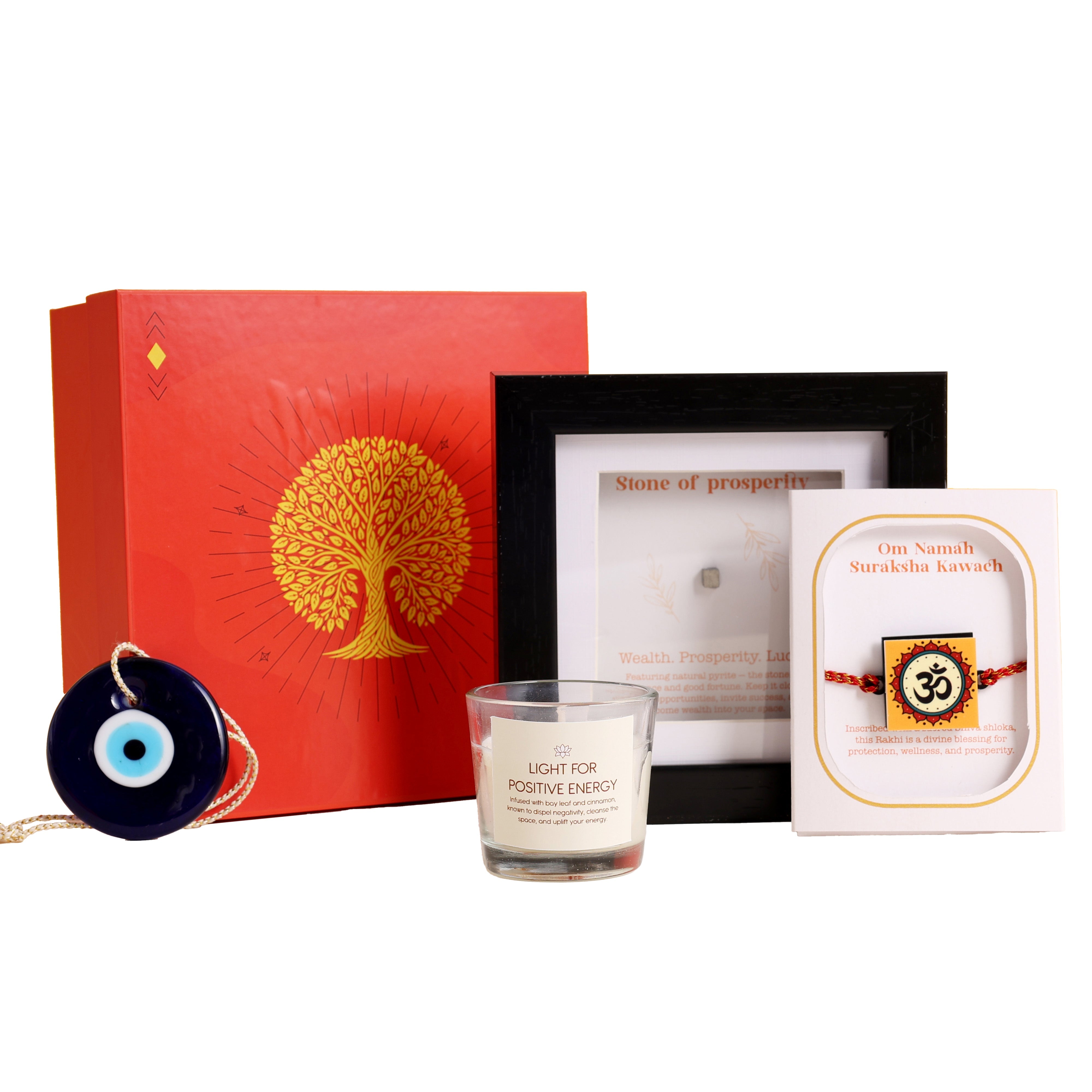 Oye Happy Wealth & Prosperity Rakhi Hamper - Gift Set with Rakhi, Charm, Candle & Frame | Rakhi Gift for Brother, Bhai & Bhaiya - OHWPH