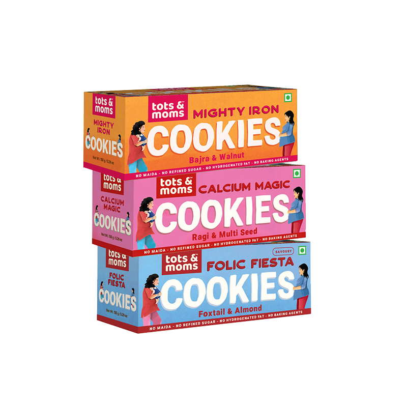 Tots & Moms  Cookies | Mighty Iron | Folic Fiesta | Calcium Magic | Pack of 3 - 150g each