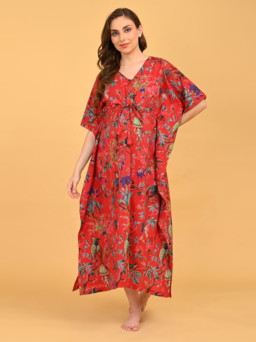 Painted Breeze Maternity and Nursing Kaftan Nighty full-length front view showing loose, breathable silhouette and gathered waist detail.