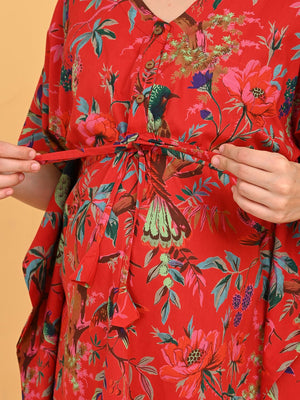 Painted Breeze Maternity and Nursing Kaftan Nighty close-up of adjustable waist tie being fastened for a comfortable fit.