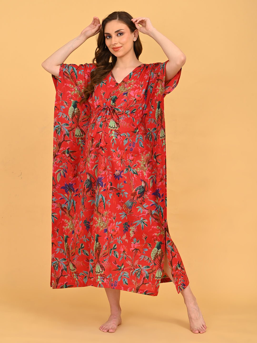 Painted Breeze Maternity and Nursing Kaftan Nighty relaxed front pose highlighting side slits and soft drape.