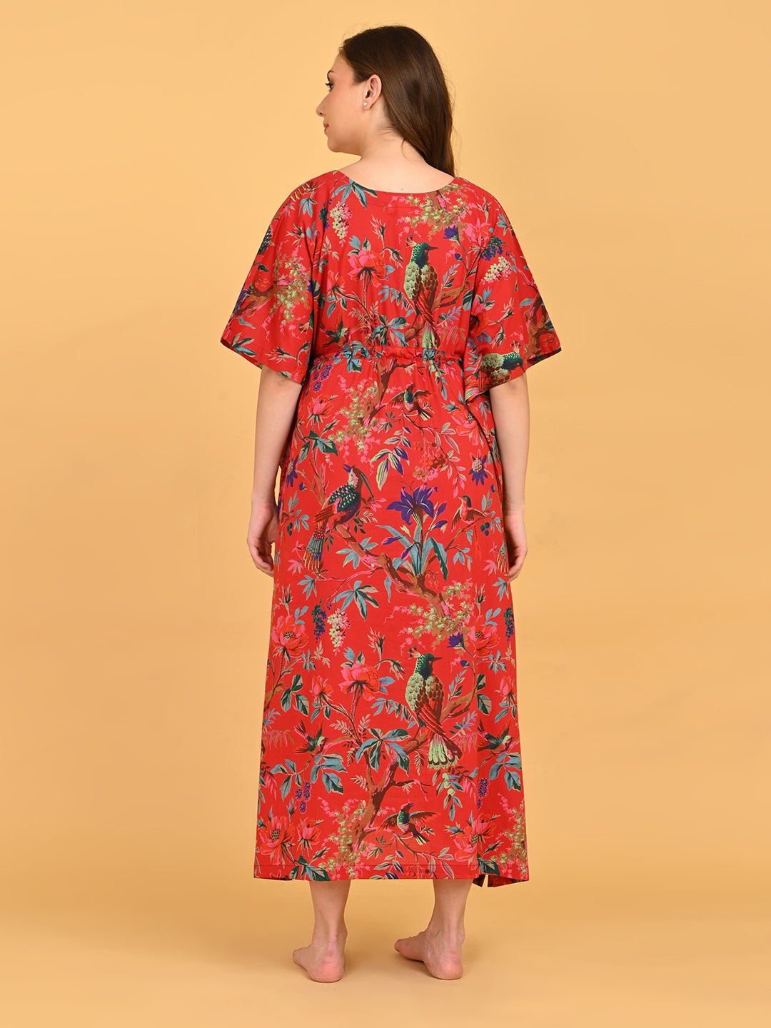 Painted Breeze Maternity and Nursing Kaftan Nighty full-length back view showing loose, breathable silhouette and gathered waist detail.