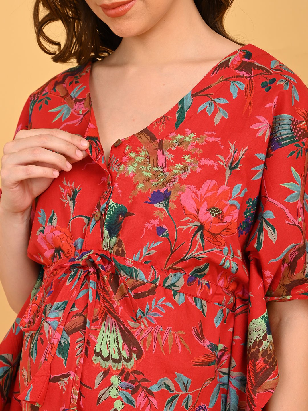 Painted Breeze Maternity and Nursing Kaftan Nighty close-up of V-neckline with button placket for easy nursing access.