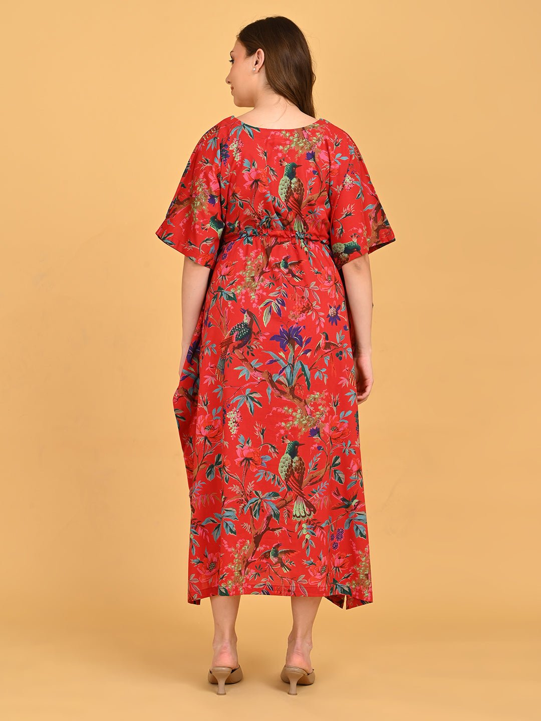 Painted Breeze Maternity and Nursing Kaftan Nighty full-length back view showing loose, breathable silhouette and gathered waist detail.