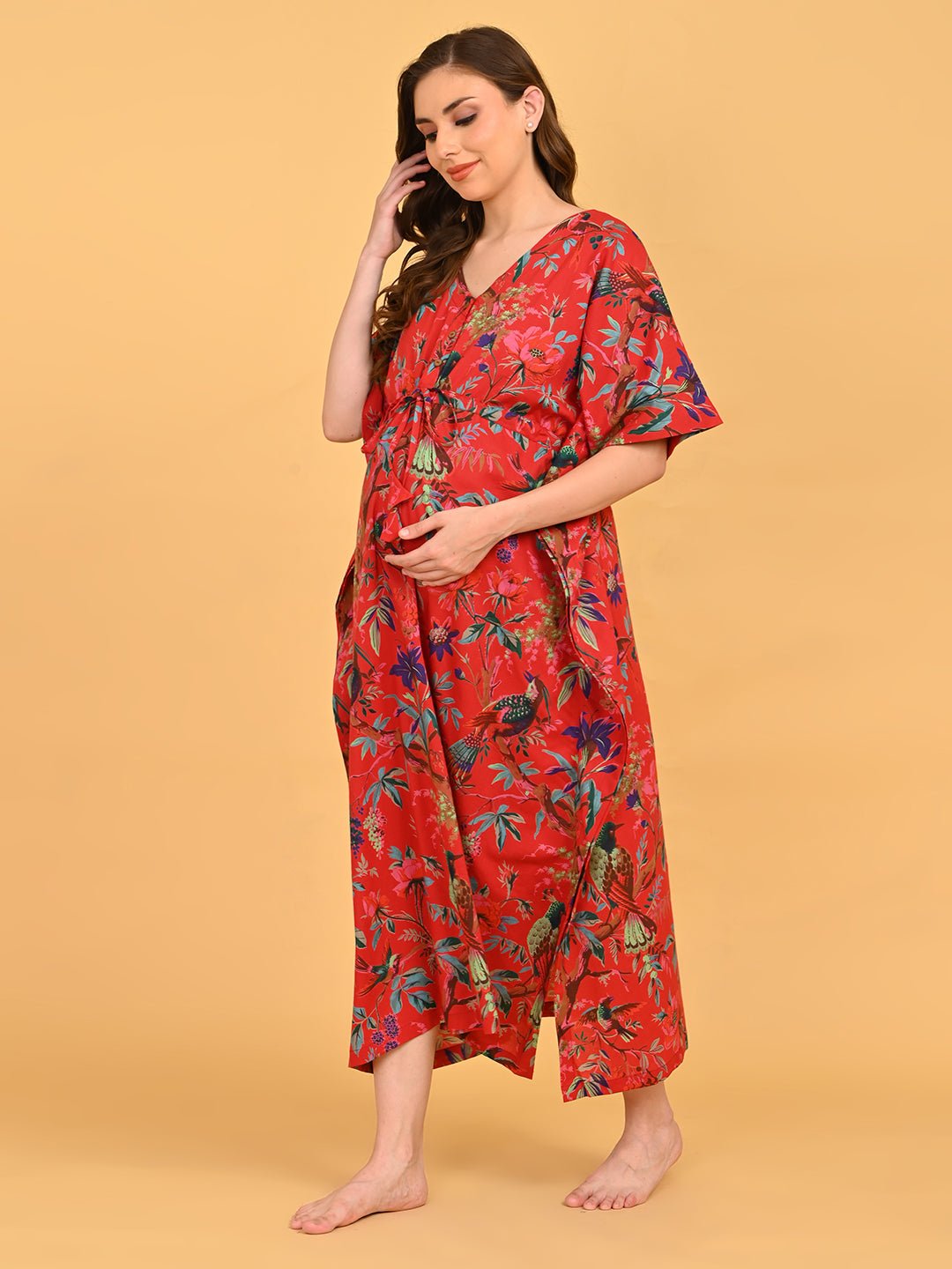 Painted Breeze Maternity and Nursing Kaftan Nighty angled side view emphasizing flowy fit, wide sleeves, and midi length.