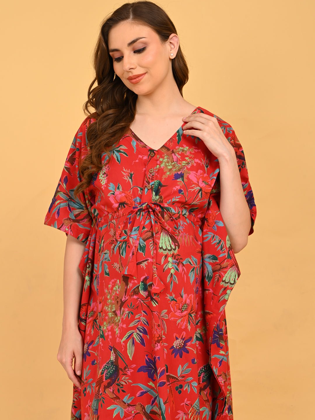 Painted Breeze Maternity and Nursing Kaftan Nighty three-quarter pose with model emphasizing wide sleeves and airy fit.