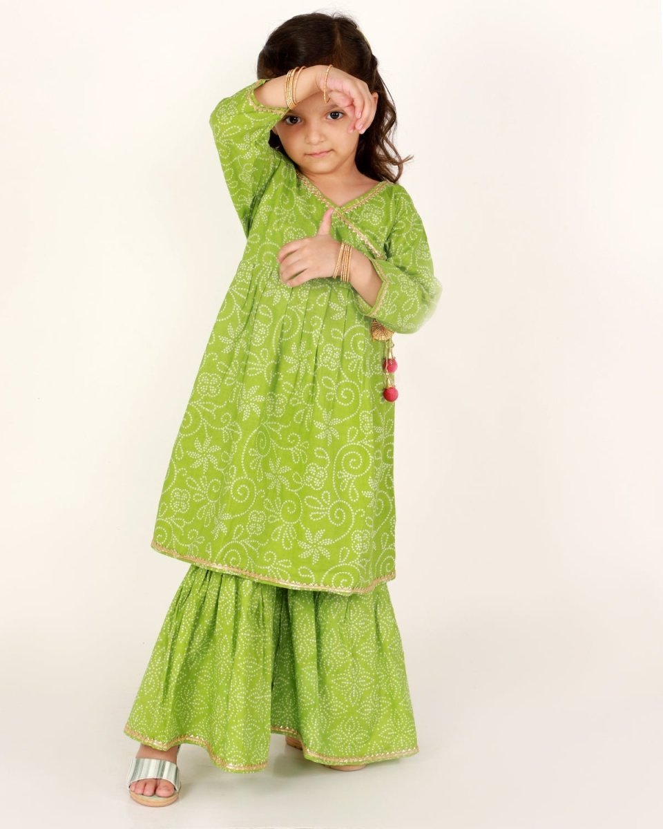 Parrot Green Bandhani Girls Anarkali Sharara Set - SS-PRTGN-0-6