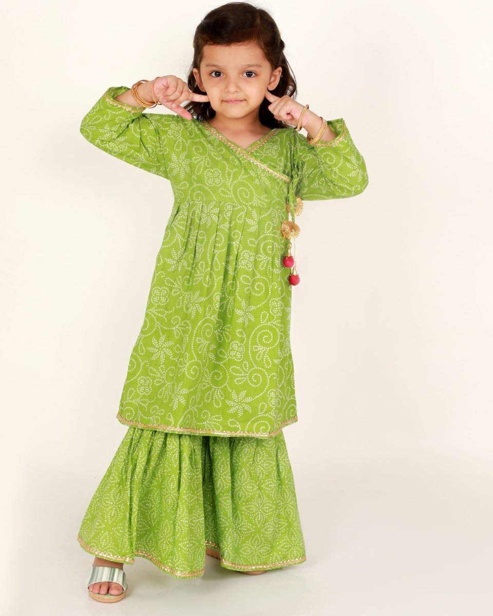 Parrot Green Bandhani Girls Anarkali Sharara Set - SS-PRTGN-0-6