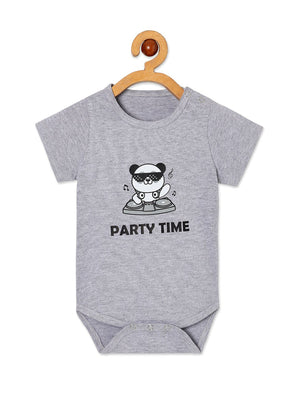 Grey coloured Party Time Baby Onesie on a hanger