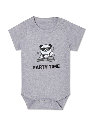 Grey coloured Party Time Baby Onesie kept against a white background