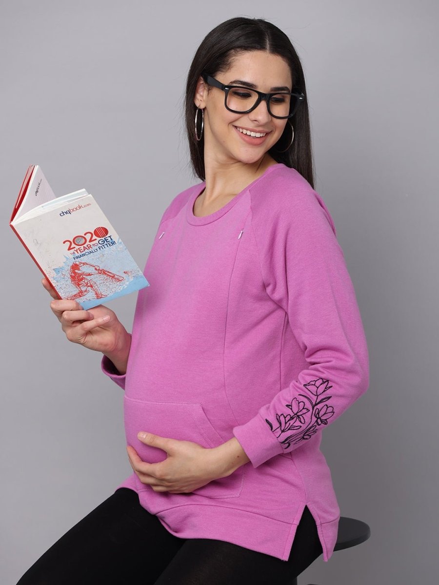 Pastel Lavender Embroidered Maternity Sweatshirt with Nursing - MNSWT-PSTLVN-S