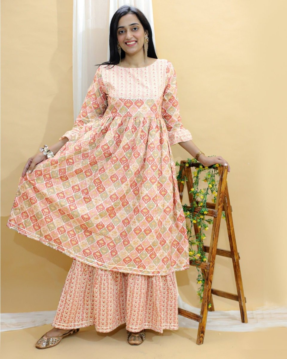 Pastel Peach And Green Floral Print Anarkali Kurta Sharara Set - TWNWN-SC-PSP-M