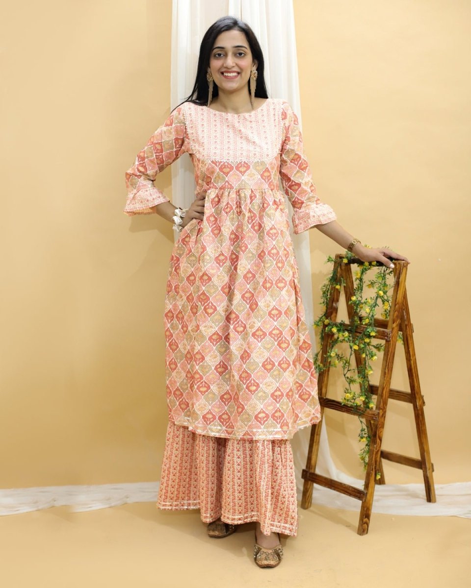 Pastel Peach And Green Floral Print Anarkali Kurta Sharara Set - TWNWN-SC-PSP-M