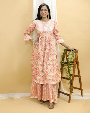 Pastel Peach And Green Floral Print Anarkali Kurta Sharara Set - TWNWN-SC-PSP-M