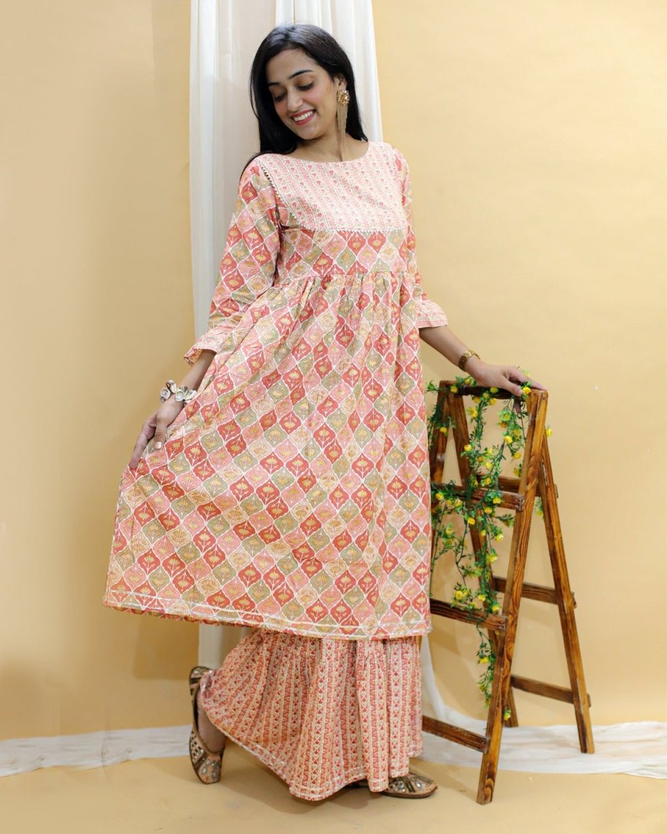 Pastel Peach And Green Floral Print Anarkali Kurta Sharara Set - TWNWN-SC-PSP-M