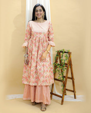 Pastel Peach And Green Floral Print Anarkali Kurta Sharara Set - TWNWN-SC-PSP-M