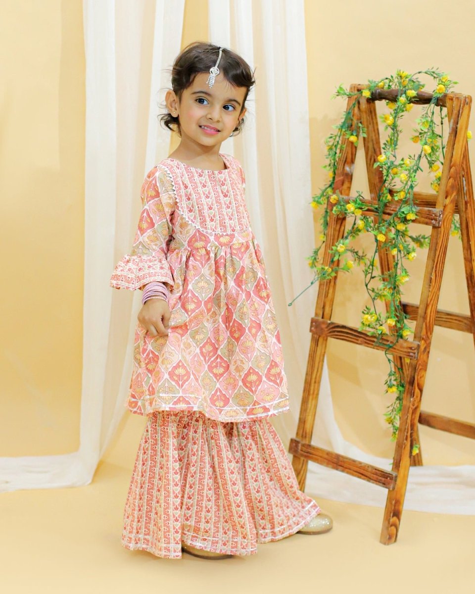 Pastel Peach And Green Floral Print Girls Anarkali Kurta Sharara Set - TWKD-SC-PSGF-0-6