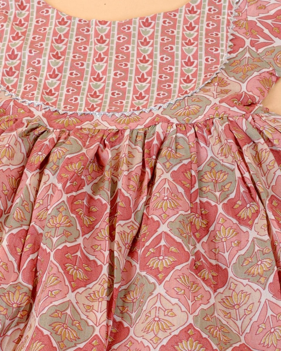 Pastel Peach And Green Floral Print Girls Anarkali Kurta Sharara Set - TWKD-SC-PSGF-0-6