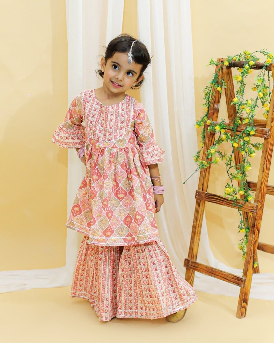 Pastel Peach And Green Floral Print Girls Anarkali Kurta Sharara Set - TWKD-SC-PSGF-0-6