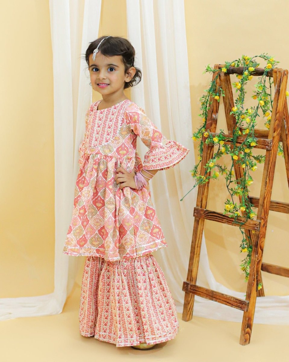 Pastel Peach And Green Floral Print Girls Anarkali Kurta Sharara Set - TWKD-SC-PSGF-0-6