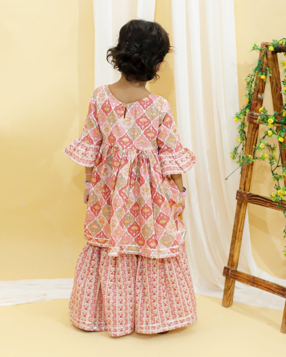 Pastel Peach And Green Floral Print Girls Anarkali Kurta Sharara Set - TWKD-SC-PSGF-0-6