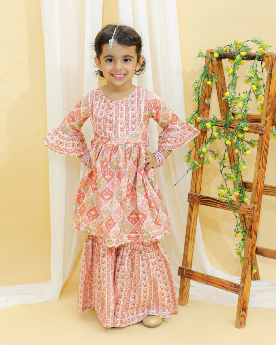 Pastel Peach And Green Floral Print Girls Anarkali Kurta Sharara Set - TWKD-SC-PSGF-0-6