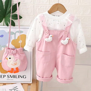 Pastel Pink Duck Dungaree with Frill T-shirt and matching sling bag, 2Pcs Clothing Set For Toddlers And Kids - 1 - 2 Years Kids Clothing