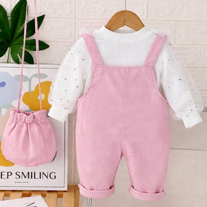 Pastel Pink Duck Dungaree with Frill T-shirt and matching sling bag, 2Pcs Clothing Set For Toddlers And Kids - 1 - 2 Years Kids Clothing