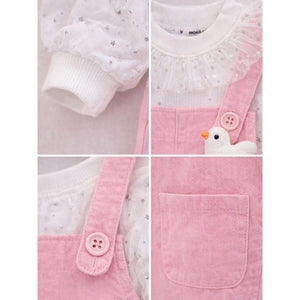 Pastel Pink Duck Dungaree with Frill T-shirt and matching sling bag, 2Pcs Clothing Set For Toddlers And Kids - 1 - 2 Years Kids Clothing