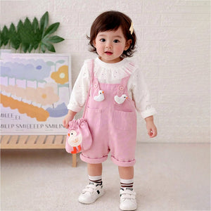 Pastel Pink Duck Dungaree with Frill T-shirt and matching sling bag, 2Pcs Clothing Set For Toddlers And Kids - 1 - 2 Years Kids Clothing