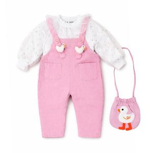 Pastel Pink Duck Dungaree with Frill T-shirt and matching sling bag, 2Pcs Clothing Set For Toddlers And Kids - 1 - 2 Years Kids Clothing