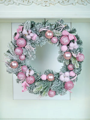 Pastel pink & White Swirl artificial Bushy Christmas Wreath for wall, Door and Tree Christmas Décor,18 inches - Christmas