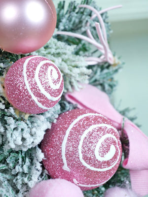 Pastel pink & White Swirl artificial Bushy Christmas Wreath for wall, Door and Tree Christmas Décor,18 inches - Christmas