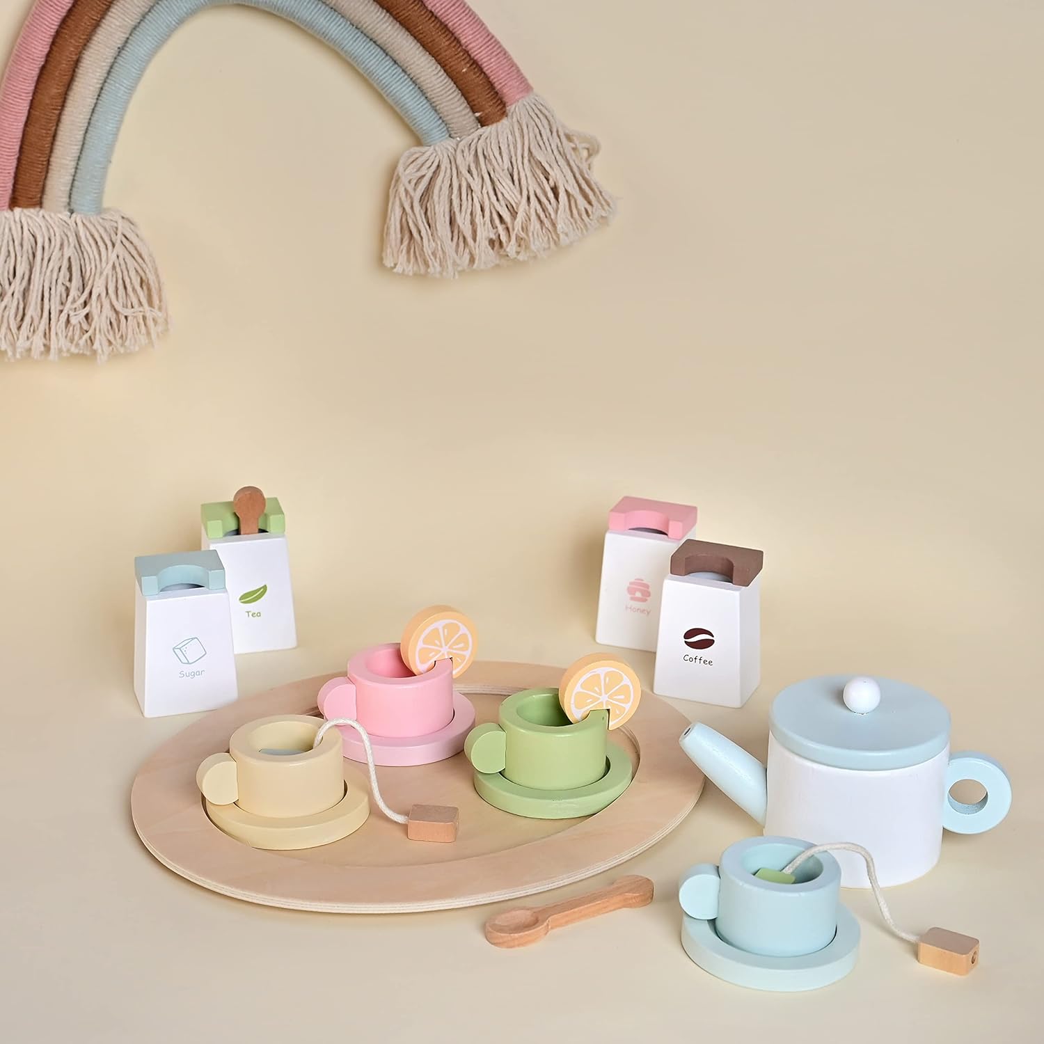 Playbox Wooden Tea Set for Kids, Pretend Play Tea Party Set for Toddlers 20pcs.