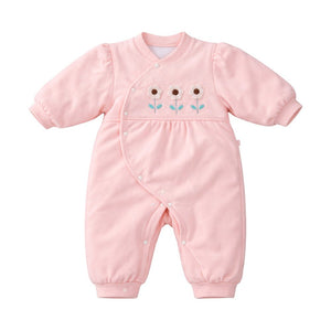 Peach 3Flower Winter Full Sleeves Jumpsuit Romper for Tiny Toddlers - 0 - 3 Months Winter Wear