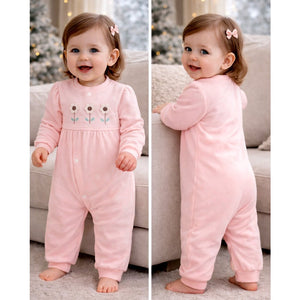 Peach 3Flower Winter Full Sleeves Jumpsuit Romper for Tiny Toddlers - 0 - 3 Months Winter Wear