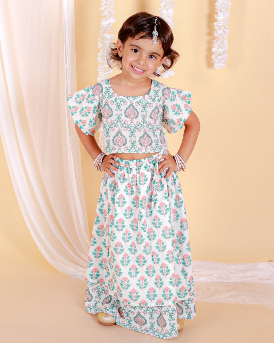 Peach And Blue Floral Print Girls Lehenga Set - KES-SC-PBG-0-6