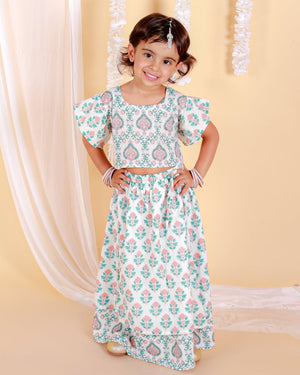 Peach And Blue Floral Print Girls Lehenga Set - KES-SC-PBG-0-6