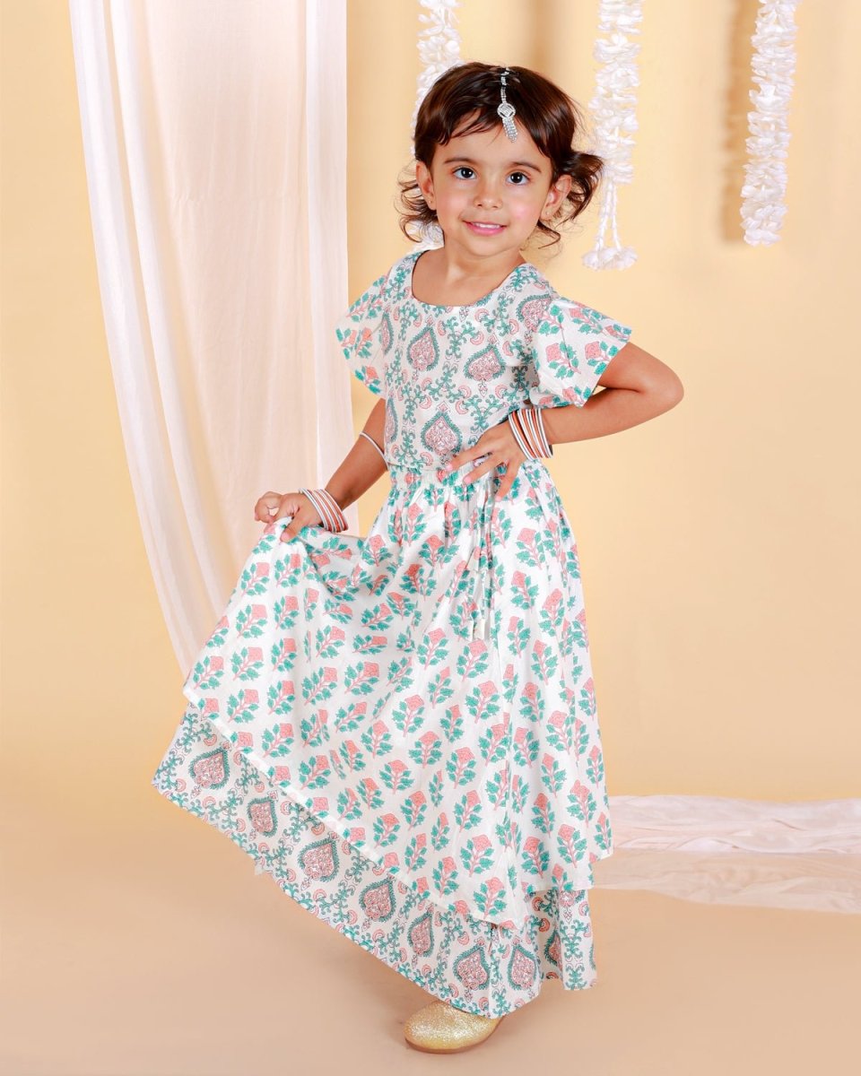 Peach And Blue Floral Print Girls Lehenga Set - KES-SC-PBG-0-6