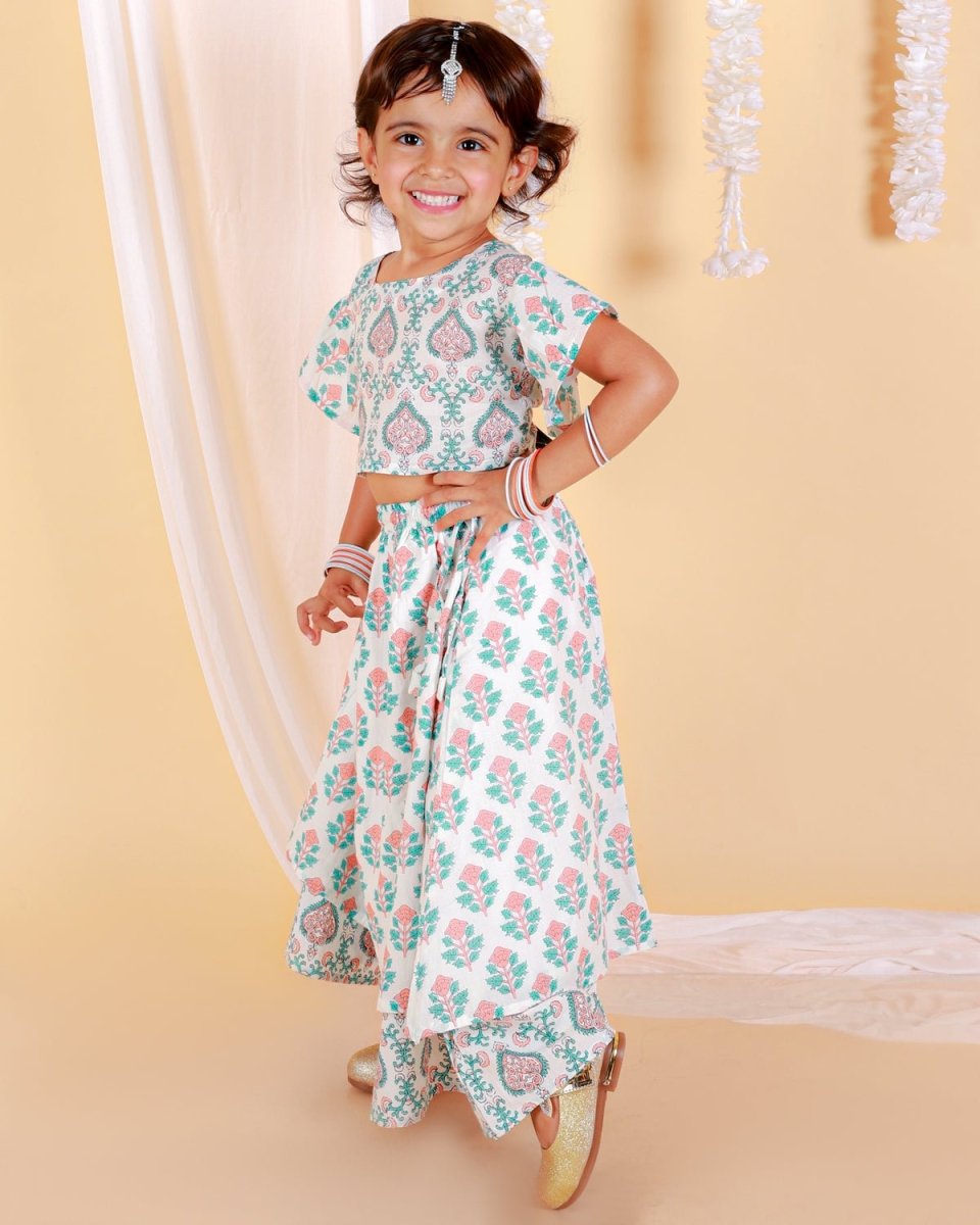 Peach And Blue Floral Print Girls Lehenga Set - KES-SC-PBG-0-6
