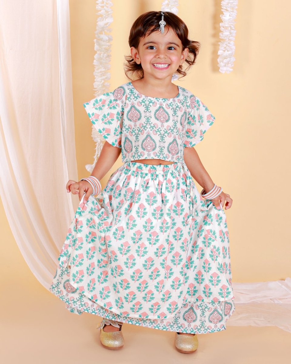 Peach And Blue Floral Print Girls Lehenga Set - KES-SC-PBG-0-6