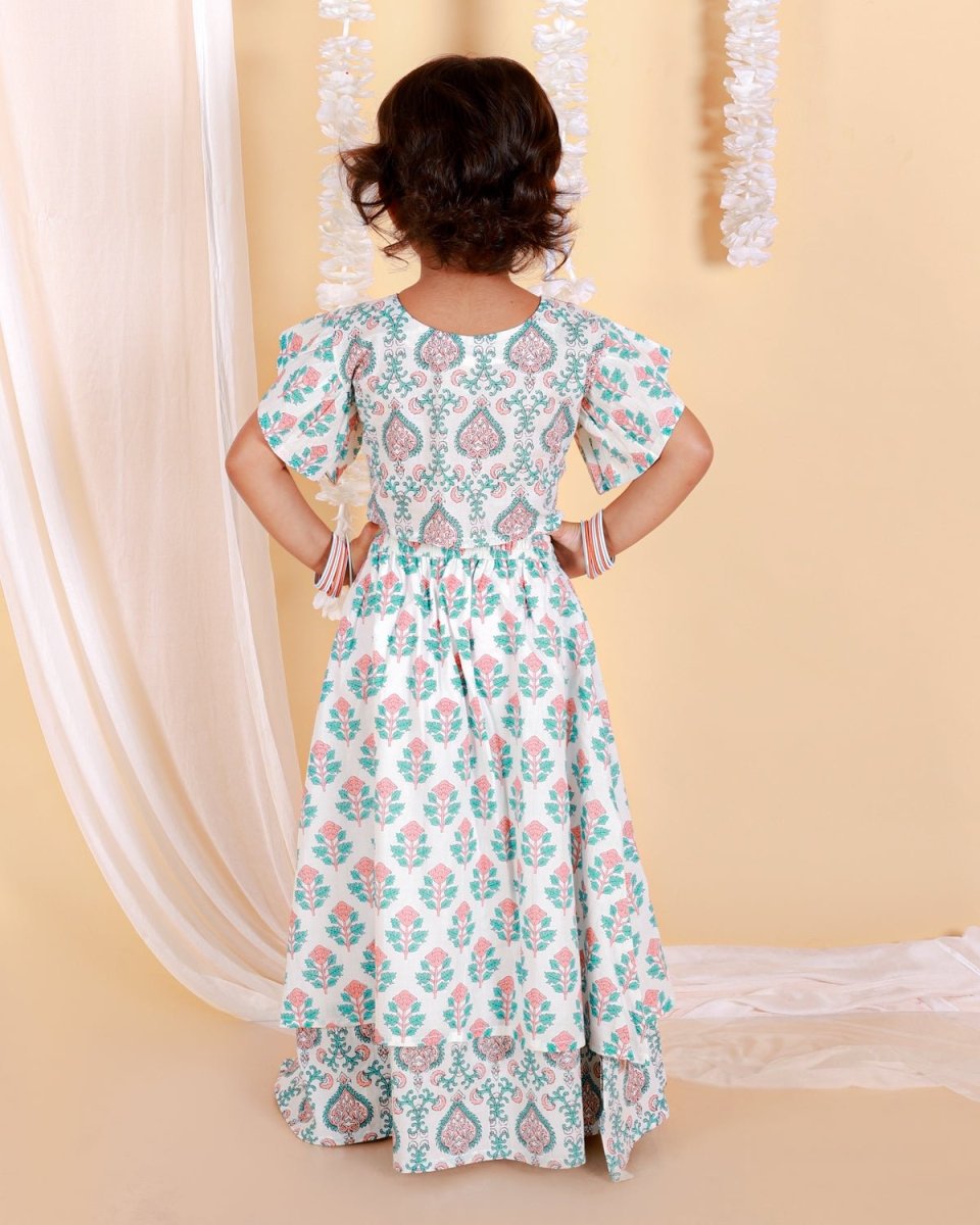 Peach And Blue Floral Print Girls Lehenga Set - KES-SC-PBG-0-6