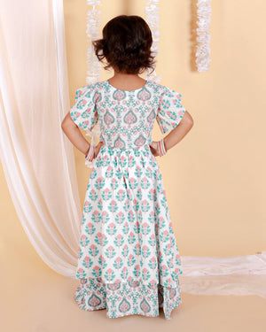 Peach And Blue Floral Print Girls Lehenga Set - KES-SC-PBG-0-6