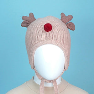 Peach Baby Antler Knitted soft Woolen Winter Cap with tie up, 6 - 18 months - 6 - 18 Months Winter Wear