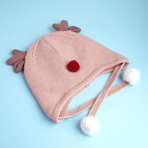 Peach Baby Antler Knitted soft Woolen Winter Cap with tie up, 6 - 18 months - 6 - 18 Months Winter Wear