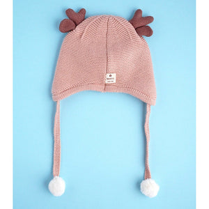 Peach Baby Antler Knitted soft Woolen Winter Cap with tie up, 6 - 18 months - 6 - 18 Months Winter Wear