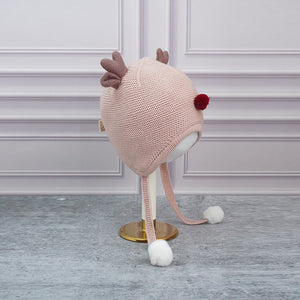 Peach Baby Antler Knitted soft Woolen Winter Cap with tie up, 6 - 18 months - 6 - 18 Months Winter Wear